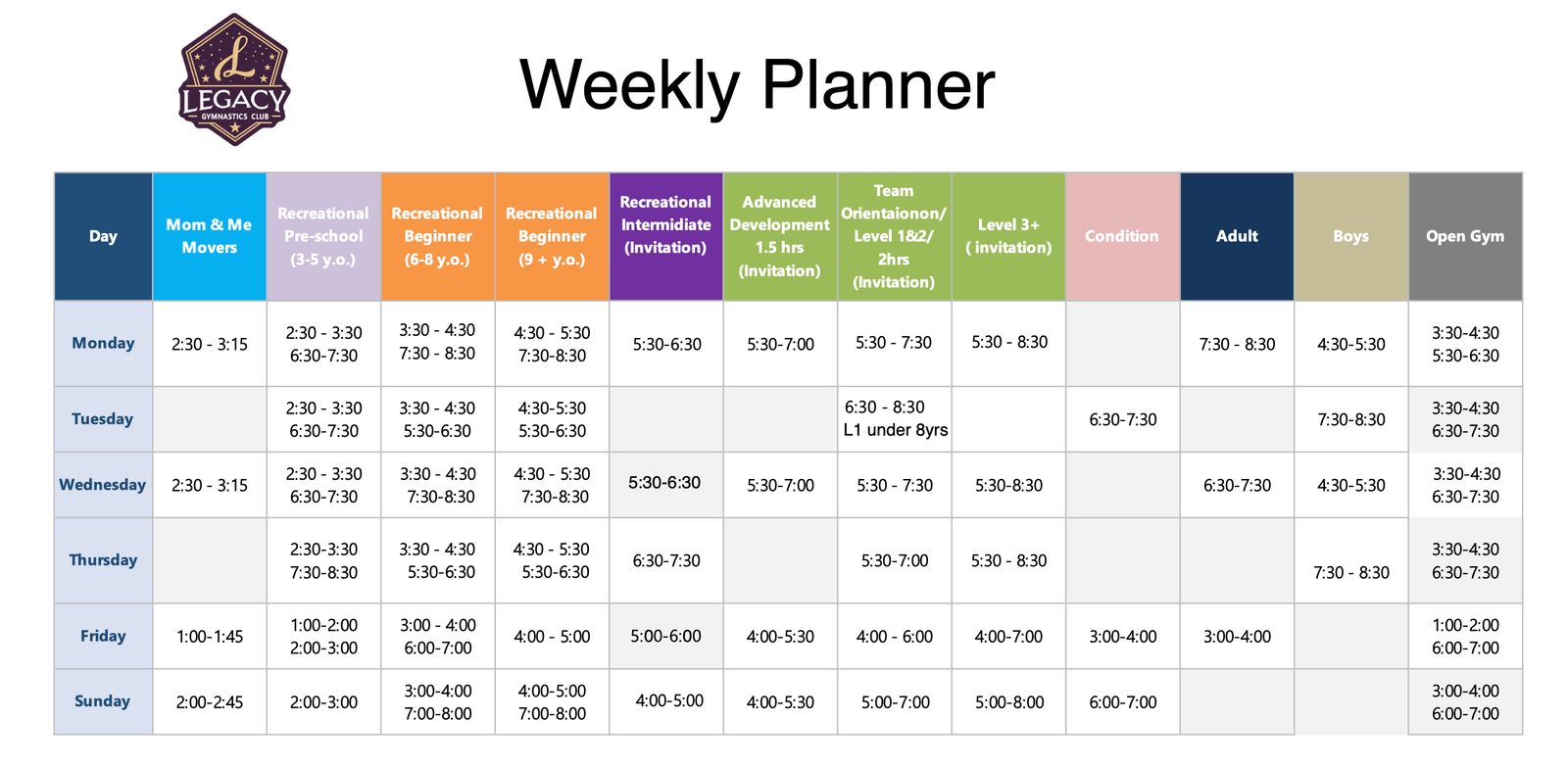 Legacy Gymnastics Club Abu Dhabi 2026 class timetable - gymnastics classes for kids ages 2-18 UAE