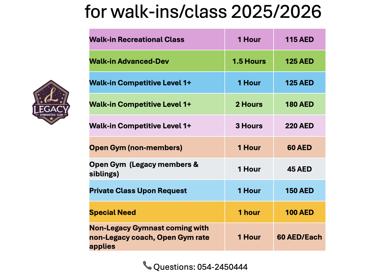 Legacy Gymnastics Club Abu Dhabi walk-in gymnastics class prices UAE