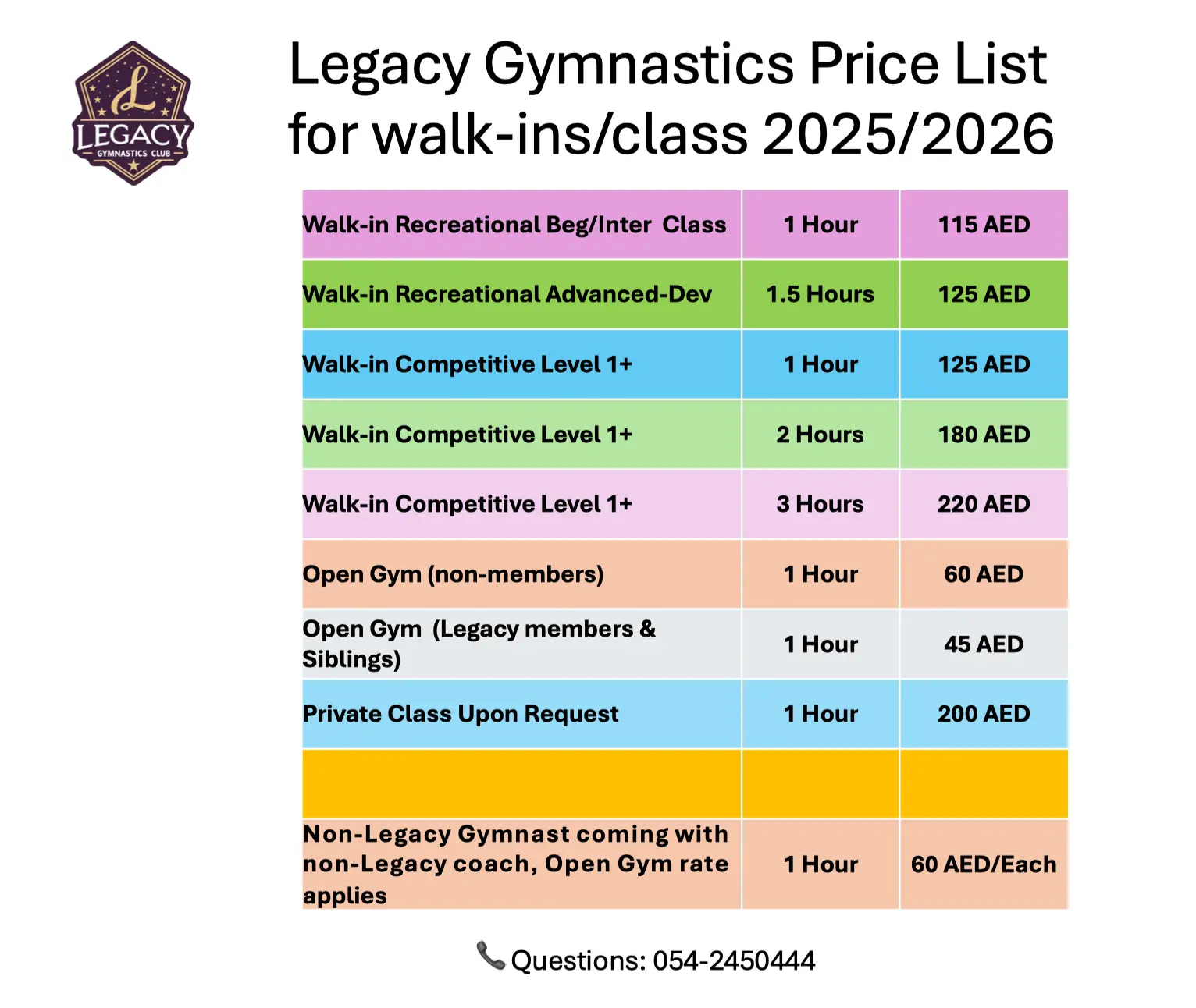 Legacy Gymnastics Club Abu Dhabi walk-in gymnastics class prices UAE